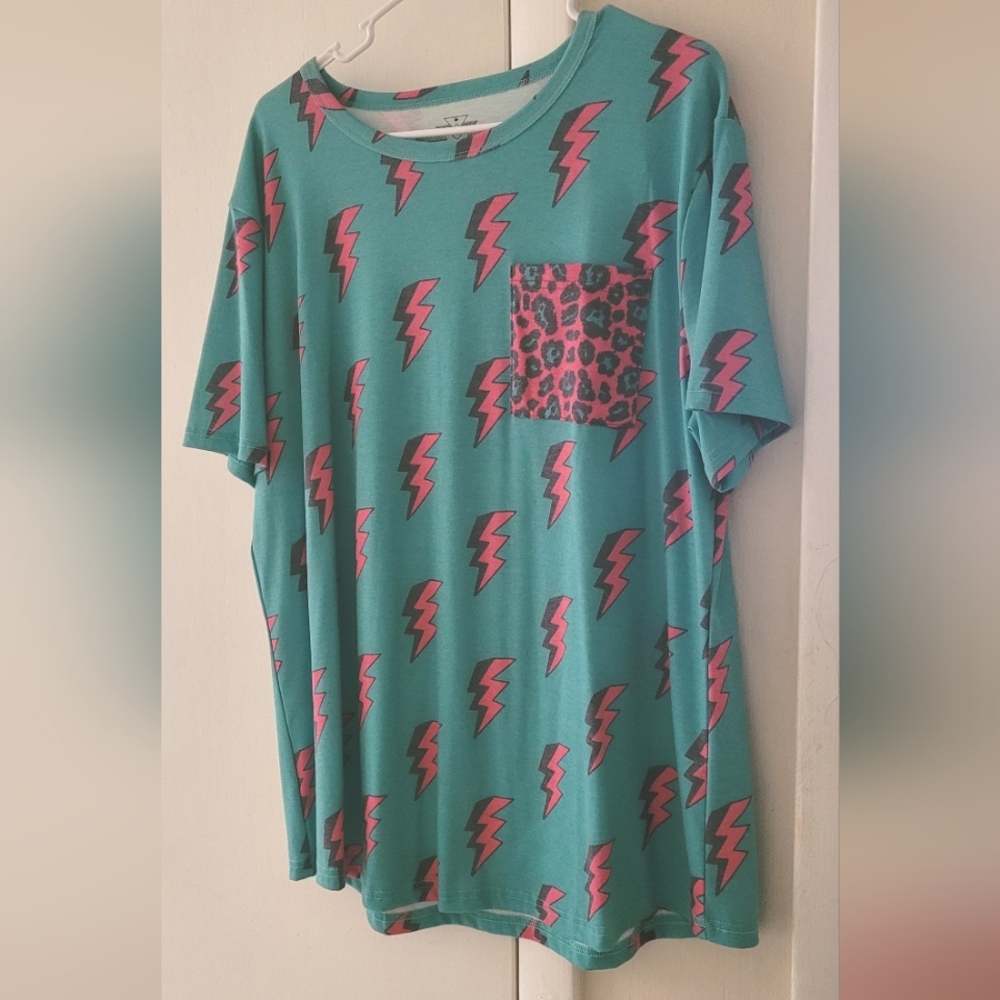 Teal Shirt With Pink Lightning Bolts